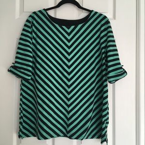 Croft and Borrow Women’s XXL Green Black Striped Short Sleeves  Top